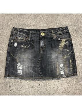 Vintage Y2K Denim Micro Mini Skirt Low Rise Grey Gold Paint Pierced